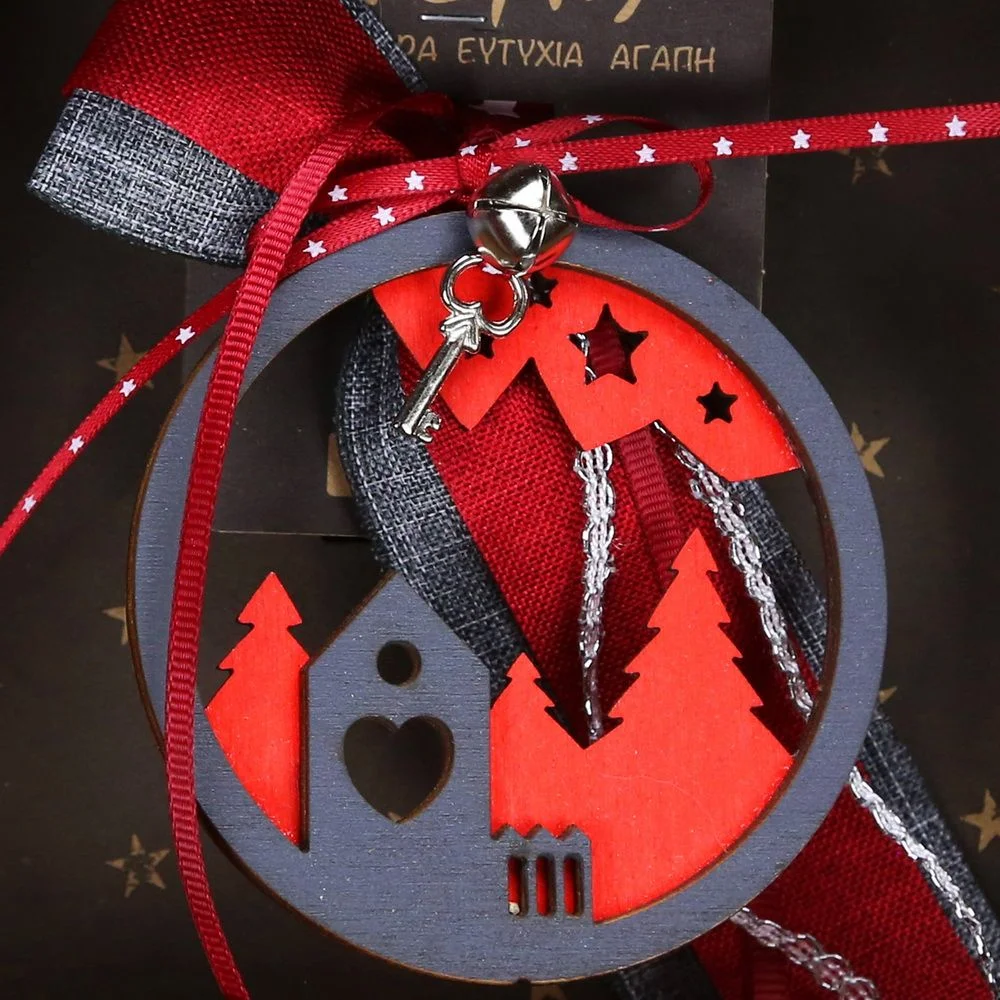 Γούρι Στολίδι Ξύλινο Γκρι/Κόκκινο Σπίτι - 4