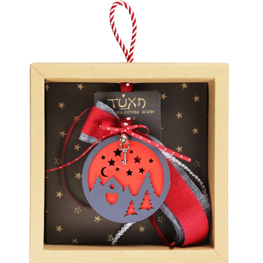 Γούρι Στολίδι Ξύλινο Γκρι/Κόκκινο Δέντρα - 2