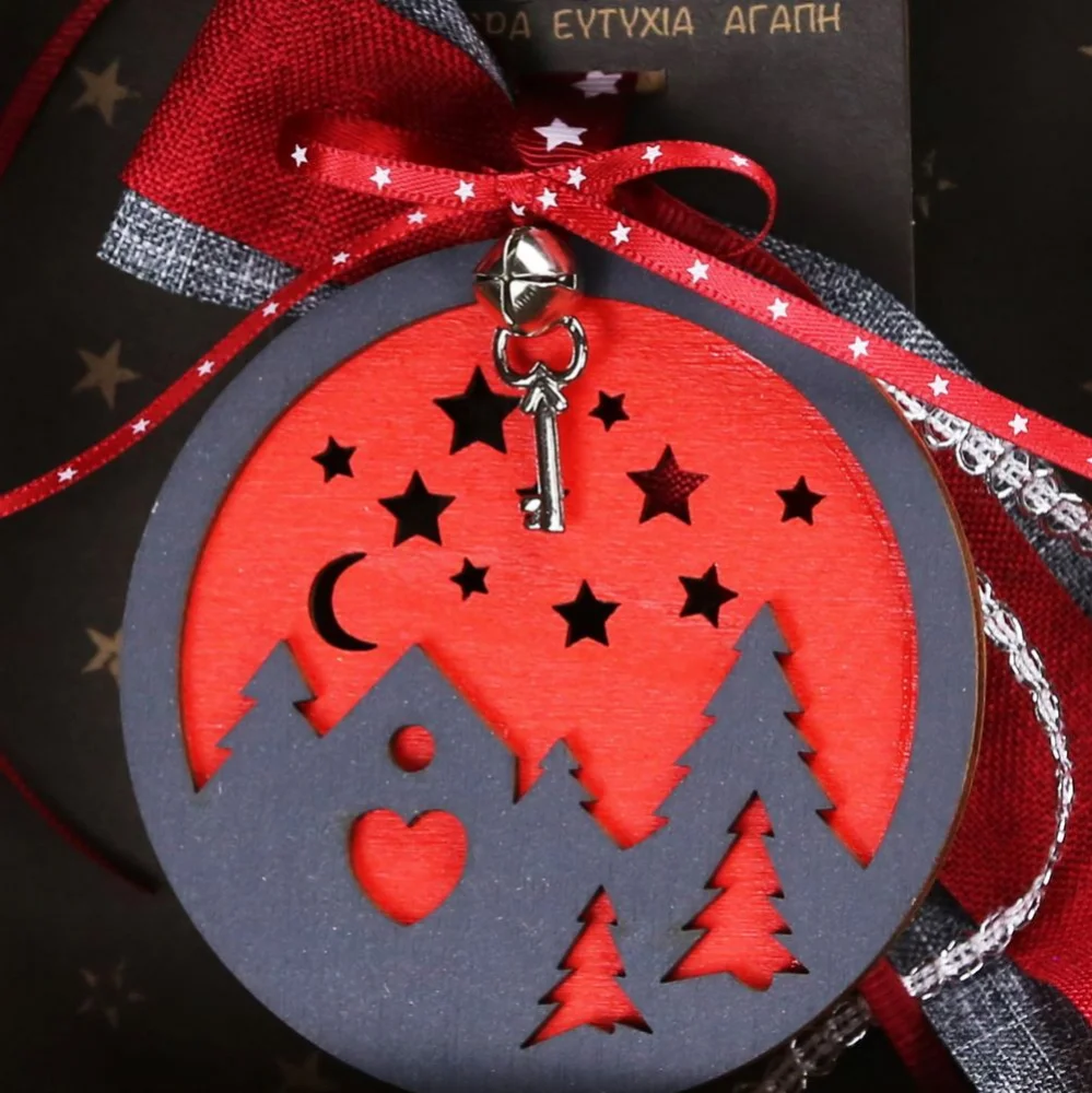 Γούρι Στολίδι Ξύλινο Γκρι/Κόκκινο Δέντρα - 4