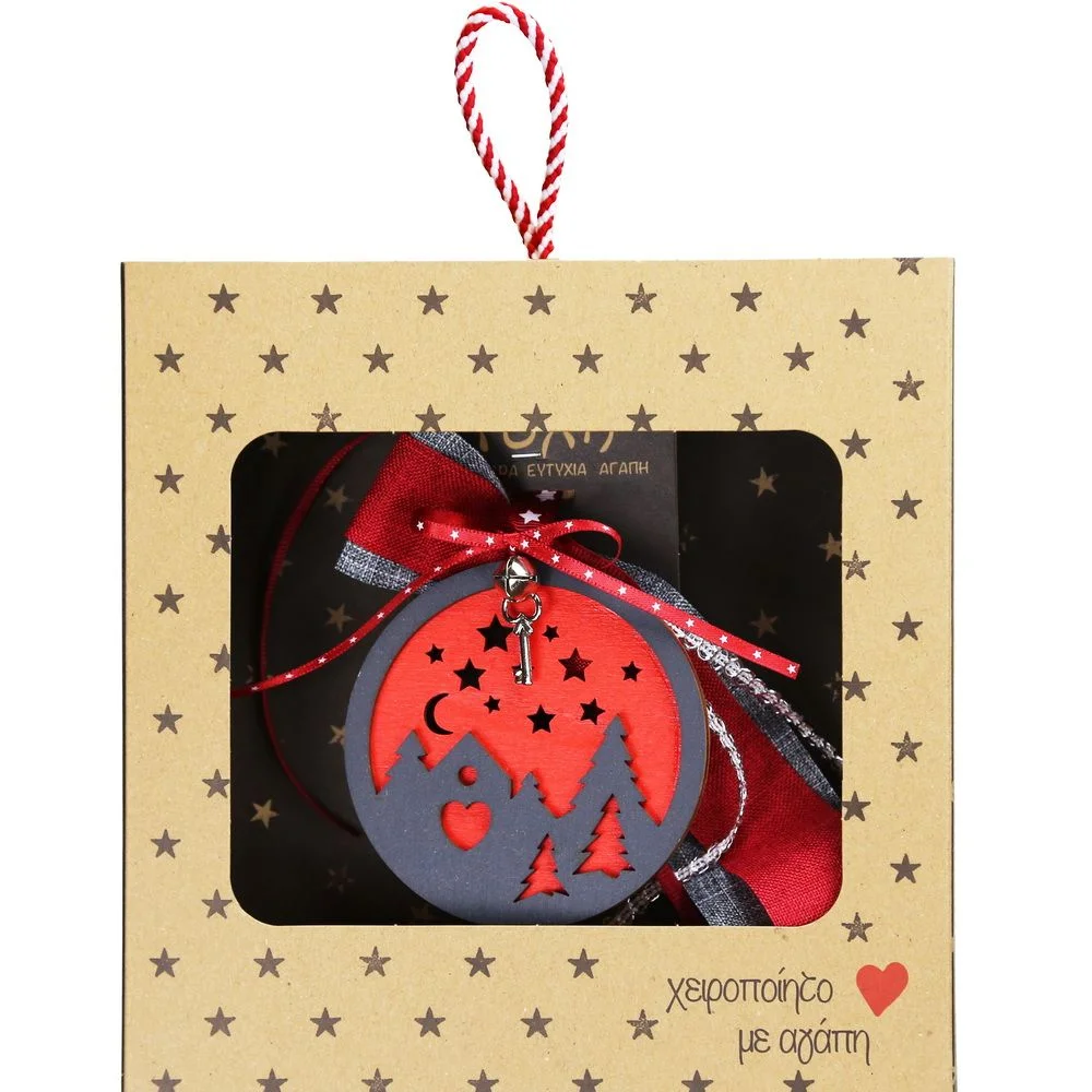 Γούρι Στολίδι Ξύλινο Γκρι/Κόκκινο Δέντρα - 1